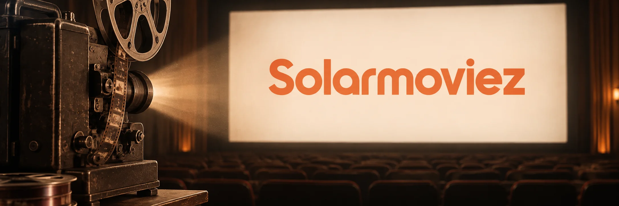 Solarmoviez in orange lettering on a cream cinema screen beside a vintage projector